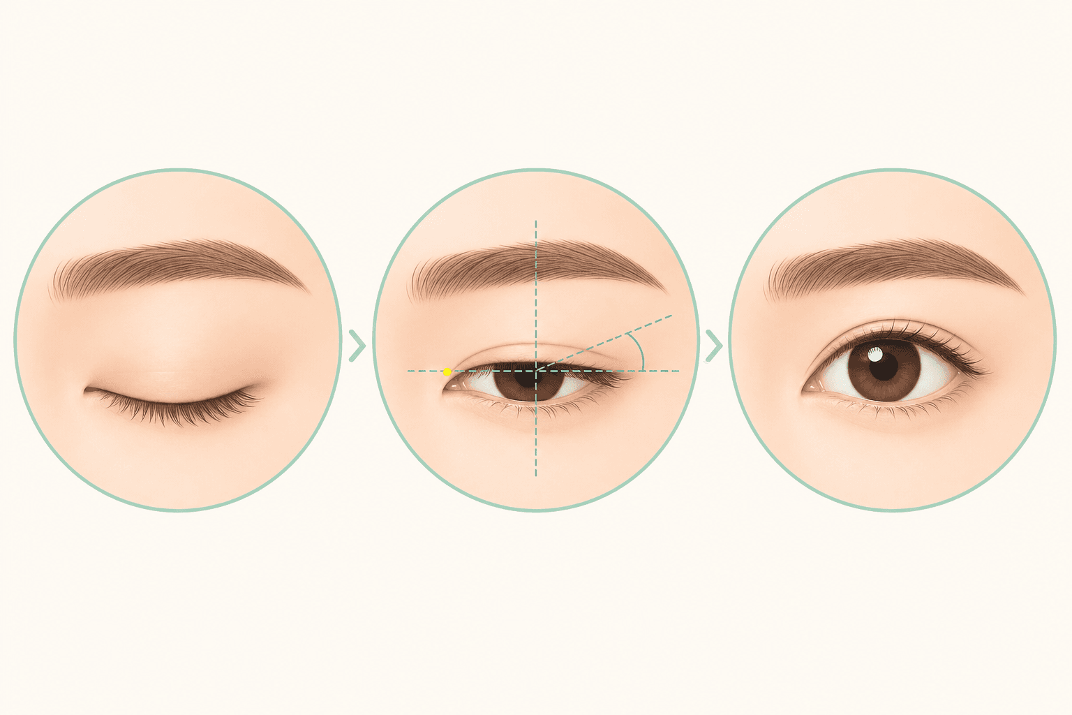 감긴 눈에서 측정·디자인을 거쳐 또렷한 쌍꺼풀이 되는 3단계 일러스트